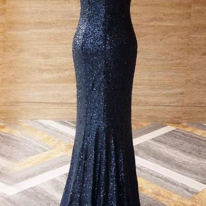 2018 Sequined Navy Blue Prom Dresse..