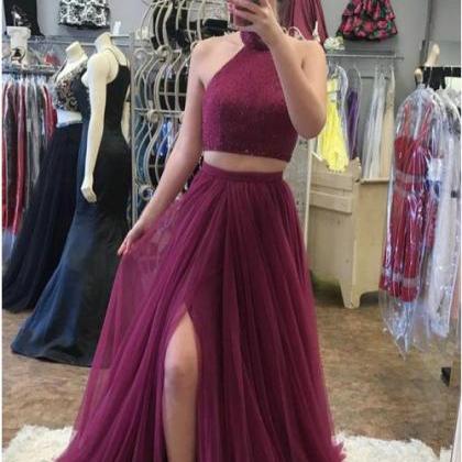 Two Piece High Neck Burgundy Tulle ..