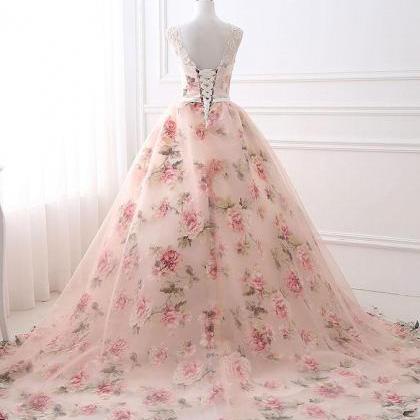 Unique round neck tulle long prom g..