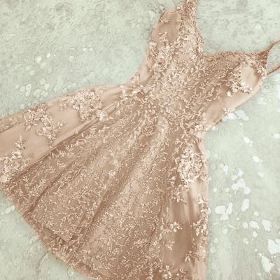 Glamorous A-Line Spaghetti Straps Champagne Short Homecoming Dress with Beading