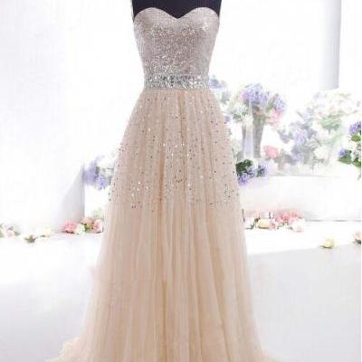 Long Tulle Sequin Prom Dress Showcasing Beaded Embellished Sweetheart Bodice