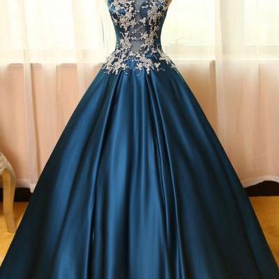 Dark Teal A-line Satin with Lace Long Prom Dress