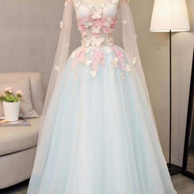 Sky blue tulle ,long A-line prom dress, long V neck ,butterfly party dress,Party Dres