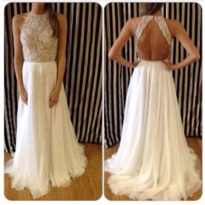 Elegant Real Sample High Neck A Line Prom Dresses 2015 Hot Sale Women Open Back Evening Gowns with Beads and Crystals Elegant