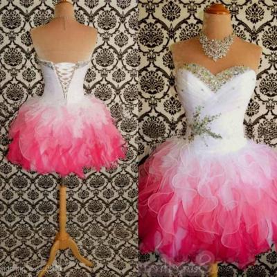 2015 Hot Sale Pink And White Cute Homecoming Dresses Ball Gowns Corset tie Back Graduation Dress Short Prom Dress Cocktail Gowns