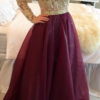 2016 Long Sleeves Prom Dresses Gold Illusion Lace Beaded Burgundy A-line Gorgeous Evening Gowns