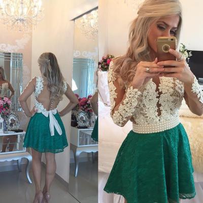Long Sleeve 2016 New Arrival Sweetheart Coctail Dresses Beads Button Pearls vestidos de fiesta white Green Lace Prom Gown