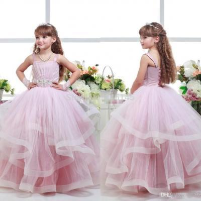 2016 Pink Ball Gown Flower Girl Dresses Spaghetti Beaded Sash Ruffles Girls Pageant Dresses Baby Party Gowns
