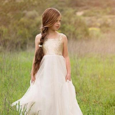 Newest Flower Girls Dresses For Weddings Princess Style Gold Sequins On Top Tulle A-Line 2016 White Dresses