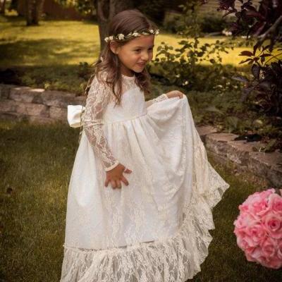 Ivory/White Long Dleeves Floor Length Lace Elegant Flower Girl Dress Children Birthday Dress With Ribbon For Weddings
