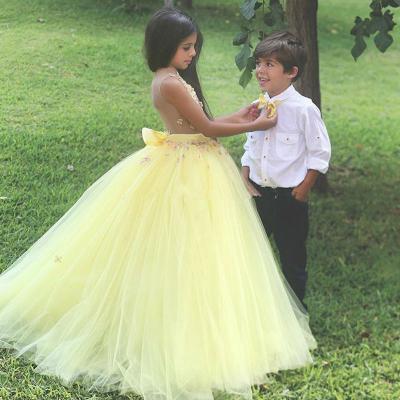 Beautiful Yellow Tulle Ball Gown Flower Girls Dresses for Party and Weddings 2016 casamento Sheer Back Girls Formal Gowns Bow