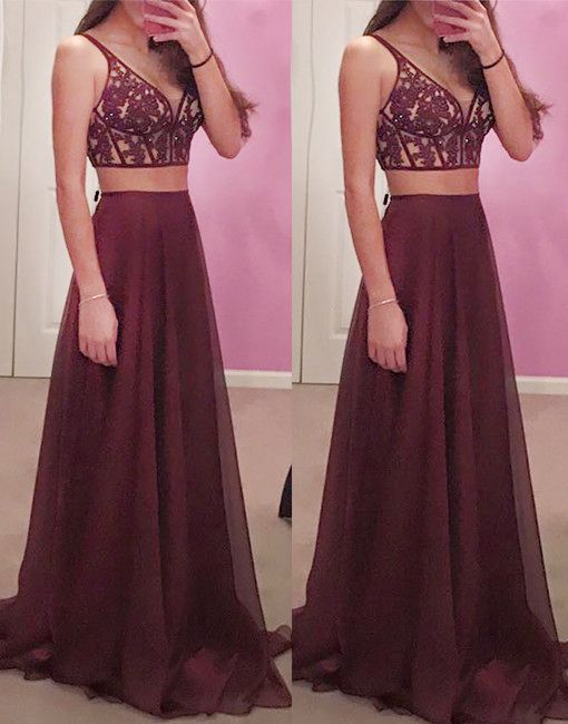 Evening Dress Store-Gorgeous Wine Red 2 pieces Prom Dresses Long Sexy Evening Gowns Chiffon Two Piece Burgundy Formal Dress For Teens