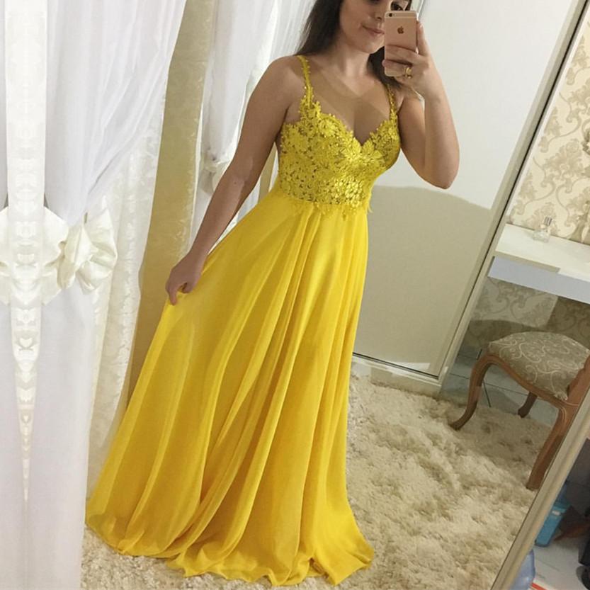 Nude Back Yellow Chiffon Prom Dresses 