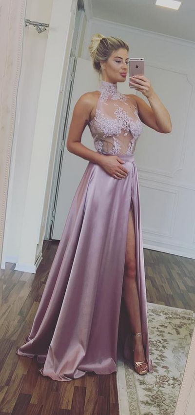 Charming Prom Dress,satin Prom Dress, Appliques Prom Dress,HIgh-Neck Evening Dress 2018