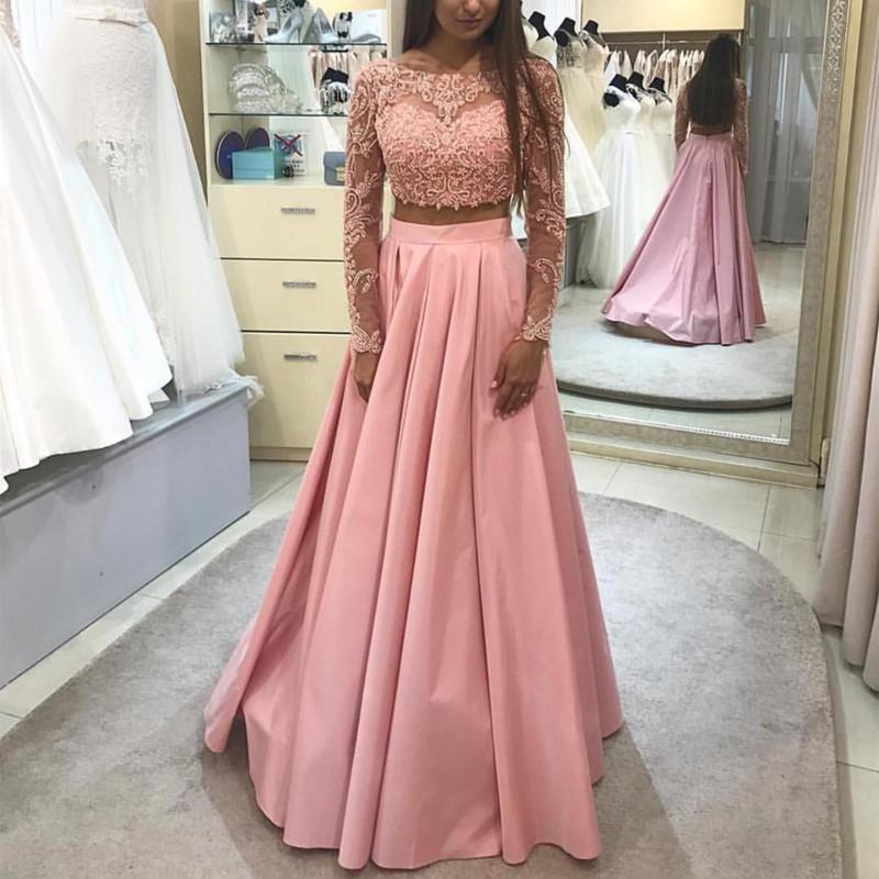 pink long sleeve formal dress