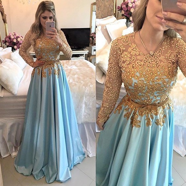 long sleeve beaded prom dress