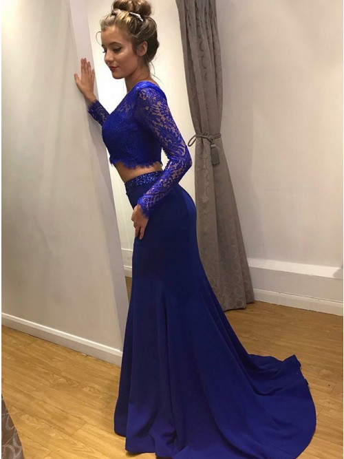 Sleeves Royal Blue Prom Dress With Lace ...