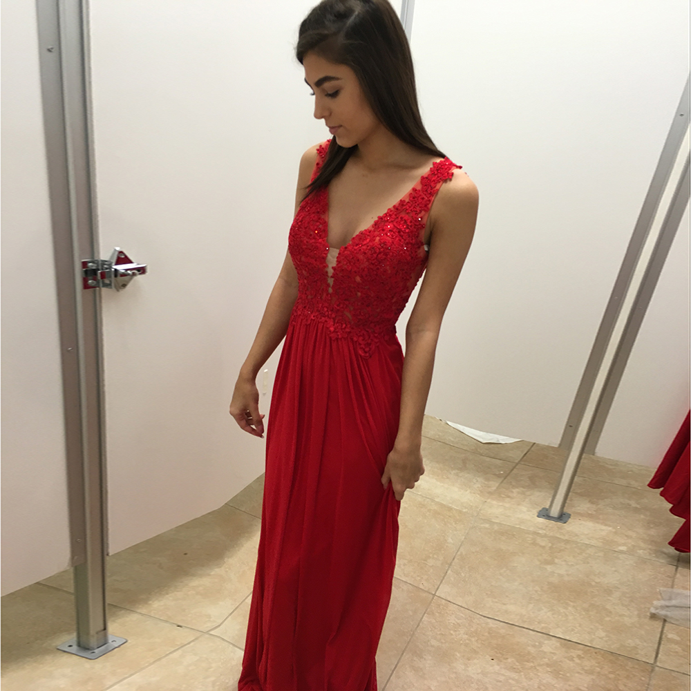 red plunge prom dress