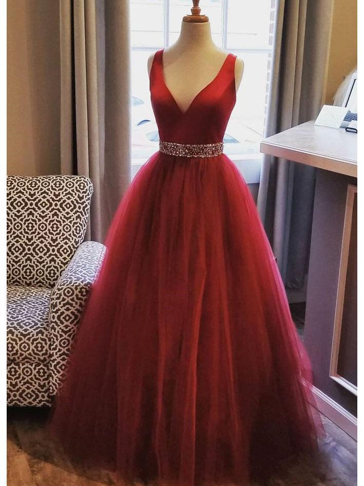 A Line Plus Size Red Long Evening Dresses for Women Beaded Tulle Prom Dresses 