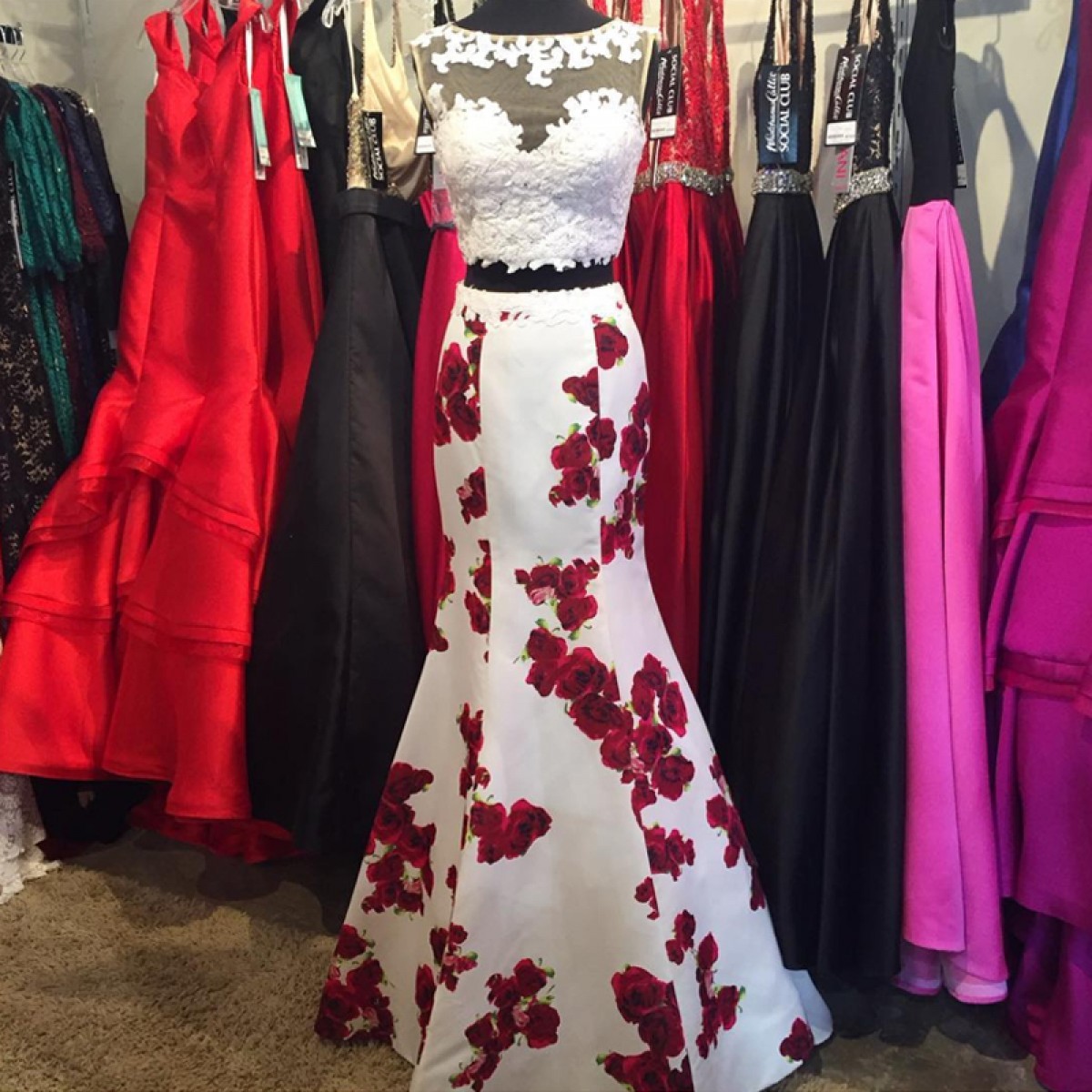 white prom dress with red flowers