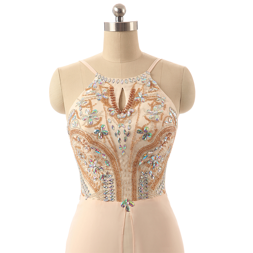 Custom Made Beige Halter Neckline Beaded Crystal Adorned Long Chiffon Evening Dress, Prom Dresses, Wedding Dresses