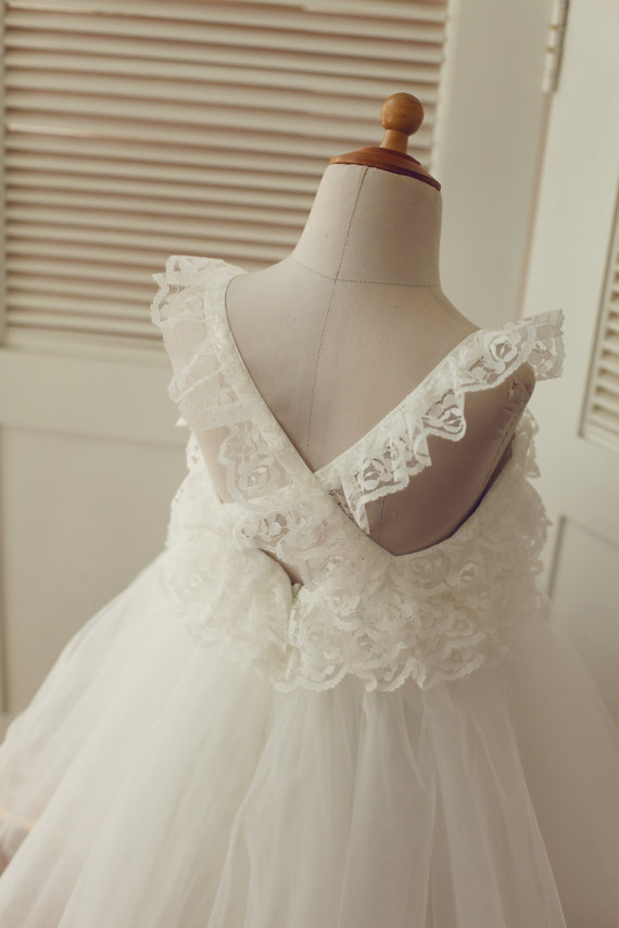 2015 Lace Tulle Flower Girl Dress Cross Back Junior Bridesmaid Dress Toddler Kids Dress for Wedding