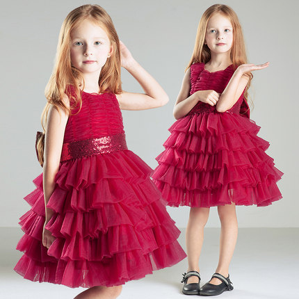 2016 Burgundy tulle flower girl dress with sequins belt knee length little girl dress,kid dress for birthday,new baby dresses