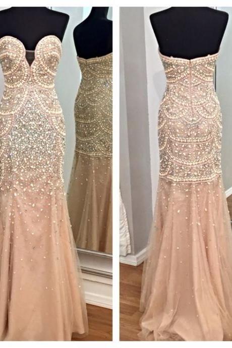 Champagne Prom Dresses,Mermaid Prom Gowns,Tulle Prom Dresses,Beading Prom Dresses,Mermaid Prom Gown,2016 Prom Dress,Evening Gonw With Silver Beading For Teens