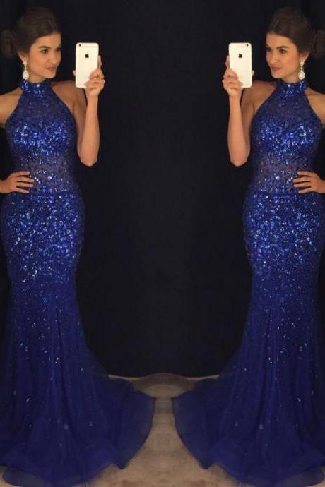 Prom Dresses,Beaded Crystals Prom Dresses,Prom Dresses Long,Mermaid Prom Dresses,Sexy Party Dresses,Halter Party Gowns,Royal Blue Long Evening Dresses,Sexy Formal Gowns