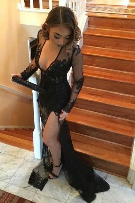 Prom Dresses,Mermaid Evening Dress,Sexy Party Dresses,Long Sleeve Evening Dresses,Black Sexy Prom Dress,Mermaid Prom Dress Long,High Slit Prom Dresses,V Neck Prom Dresses,Prom Dress with Train
