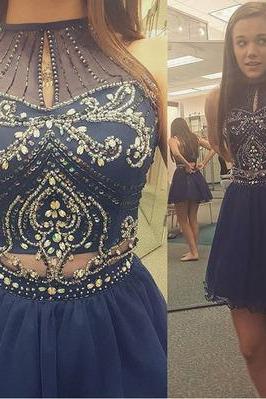 Homecoming Dress,High Neck Halter Navy Tulle Skirt Two Piece Short Prom Dress
