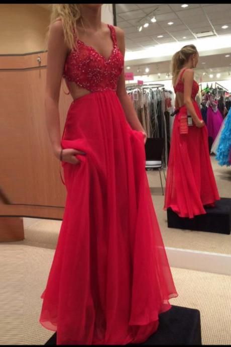 Real Sexy Charming Red Chiffon Beading Backless Long Prom Dresses,girls party dress, sexy prom Dresses,homecoming dress , 2017 cheap long sexy prom dress