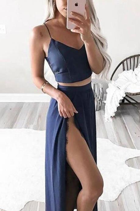 Evening Dress Store-Spaghetti Strap Stylish Two Pieces Navy Blue Prom Dress, Cehap Long Prom Dress,Slit Side Prom Dresses with Lace
