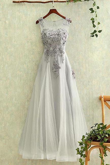 Evening Dress Store-GRAY FLORAL A-LINE ROUND NECK LACE TULLE LONG PROM DRESS GRAY EVENING DRESS
