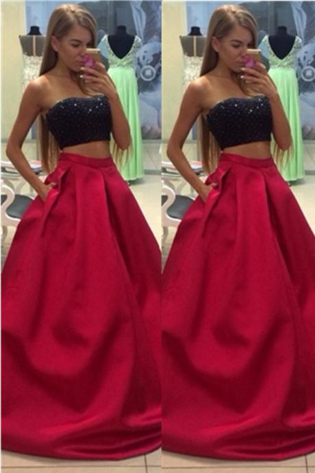 Evening Dress Store-Charming Red Satin Beading Long A-line Prom Dresses For Teens,Handmade Prom Dress,Strapless Prom Dresses,Formal Evening Dresses