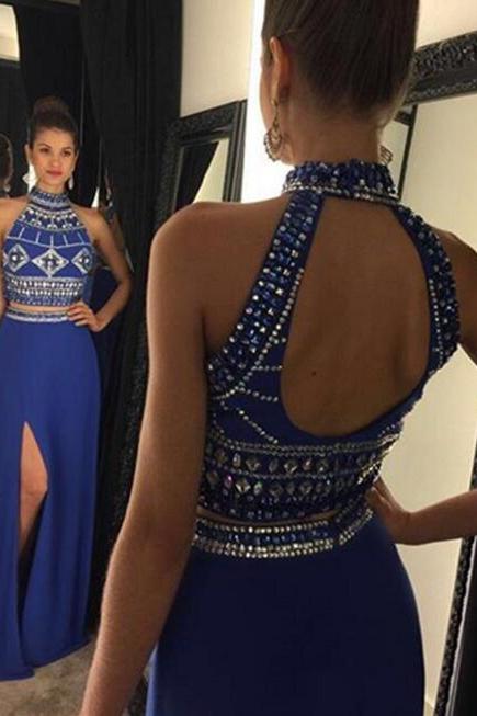 Evening Dress Store-Two Pieces Long Halter Prom Dresses,Chraming Prom Gowns,Formal Evening Dresses,Sparkly Prom Gowns 2018