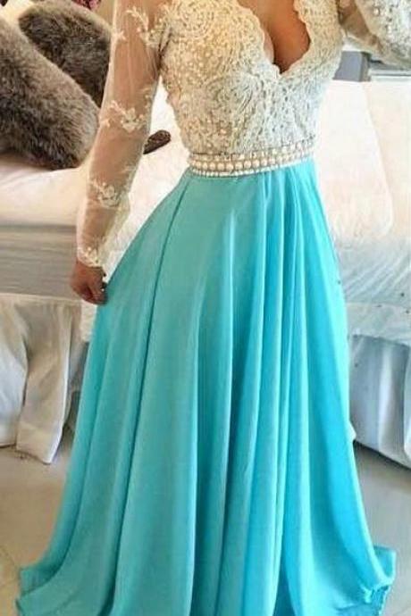 Evening Dress Store-Long Sleeves Prom Dress, Turquoise Chiffon Prom Dresses Sheer Open Back Lace Beaded Evening Gowns