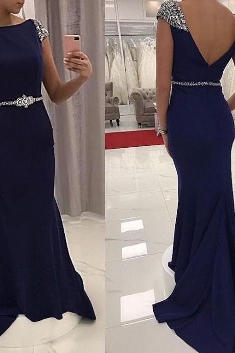 Evening Dress Store-Navy Blue Boat Neck Formal Dresses,Evening Gown,Beaded Fitted Formal Dress, Cap Sleeve Gown With Open Back Prom Dresses