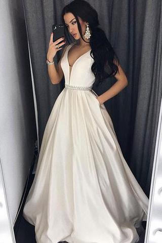 Charming Prom Dress,Satin Prom Dress, V-Neck Prom Dress,A-Line Evening Dress 2018