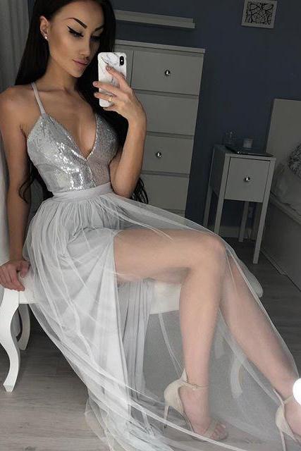 Sexy V-neck Sequin Long Prom Dresses Slit Evening Gowns Tulle Evening Dress New Prom Dress 