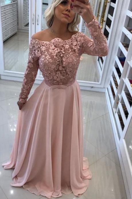 Lace Appliques Long Sleeve Evening Dress ,Chiffon Formal Party Gown Prom Gown 2018