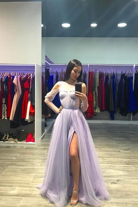 Lavender Illusion Long Party Dress, Sheer Long Sleeve Prom Dress With Side Slit,Formal Gowns,Sexy Prom Dress,Prom Gowns,Fashion Dress,2018 Evening Dress,Dresses,Dress,Gowns,Junoesque Prom Dresses,Simple Prom Dress,Eleg Glamour Evening Dress,Ant Prom Dresses,Sumptuous Prom Dresses,beautiful Prom Dresses