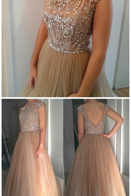 2018 Prom Dresses,evening Dress,crystals Prom Dress,beaded Prom Dress,tulle Dresses,brown Prom Dresses,prom Gown