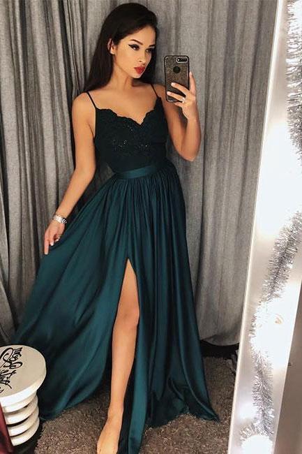 Dark Green V-Neck Lace Bodice Prom Dress,Green Slit Side Evening Dresses 2018