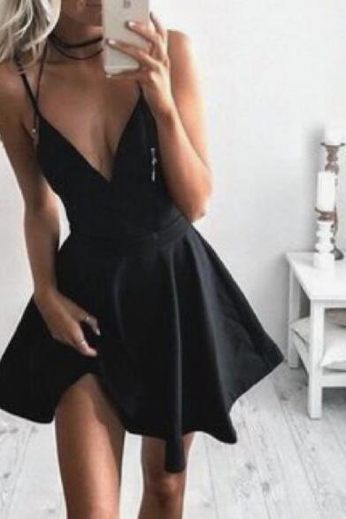 Spaghetti strap dress,cute homecoming dress,black party dress,skater dress,short prom dress