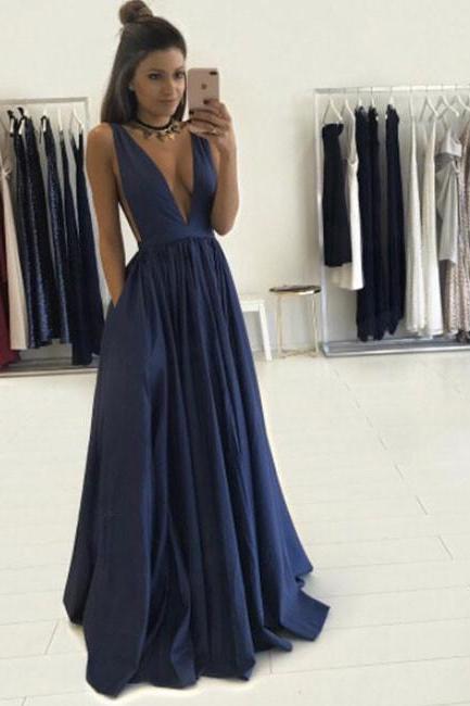 Simple Deep V-neck Dark Blue Long Satin prom dress, Elegant Evening Dress
