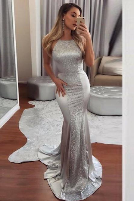 Mermaid Halter Backless Sweep Train Silver Prom Dress with Sequins