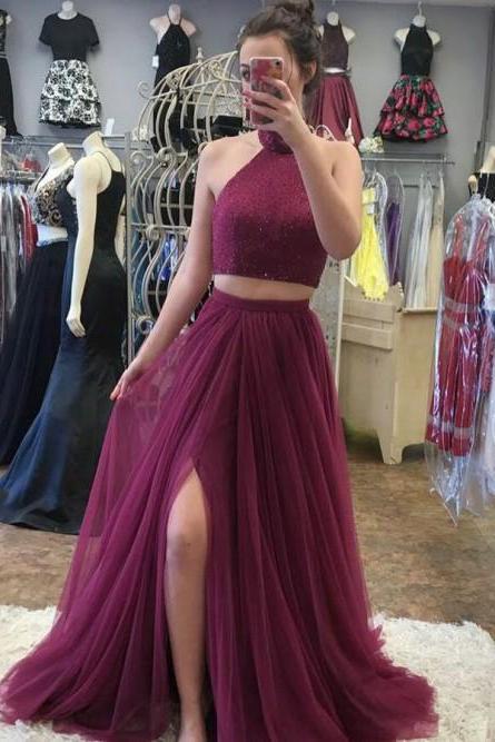 Two Piece High Neck Burgundy Tulle Prom Dress with Beading