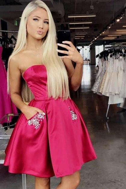 Strapless Homecoming Dress With Pockets,party dress,homecoming dress,short homecoming dress,junior prom dress,Satin Homecoming Dress,Strapless Homecoming Dress With Pockets 2018