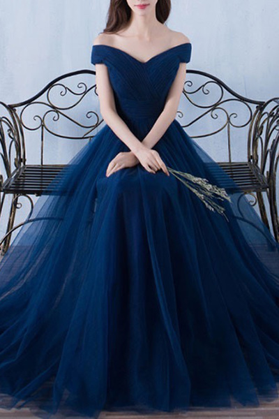 Dark blue tulle off-shoulder A-line long prom dresses,evening dress for graduation